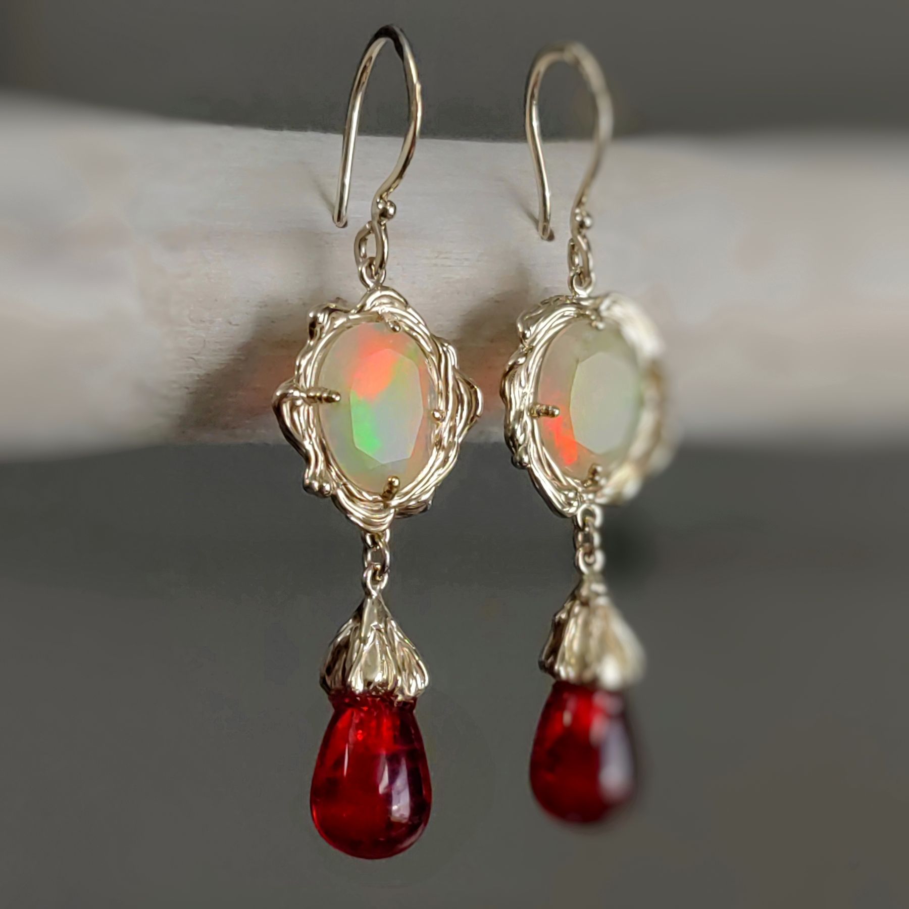 Dangle Opal and Red Amber Gold Earrings • Unique 1/1 Dangle Opal and Red Amber Gold Earrings • Unique 1/1