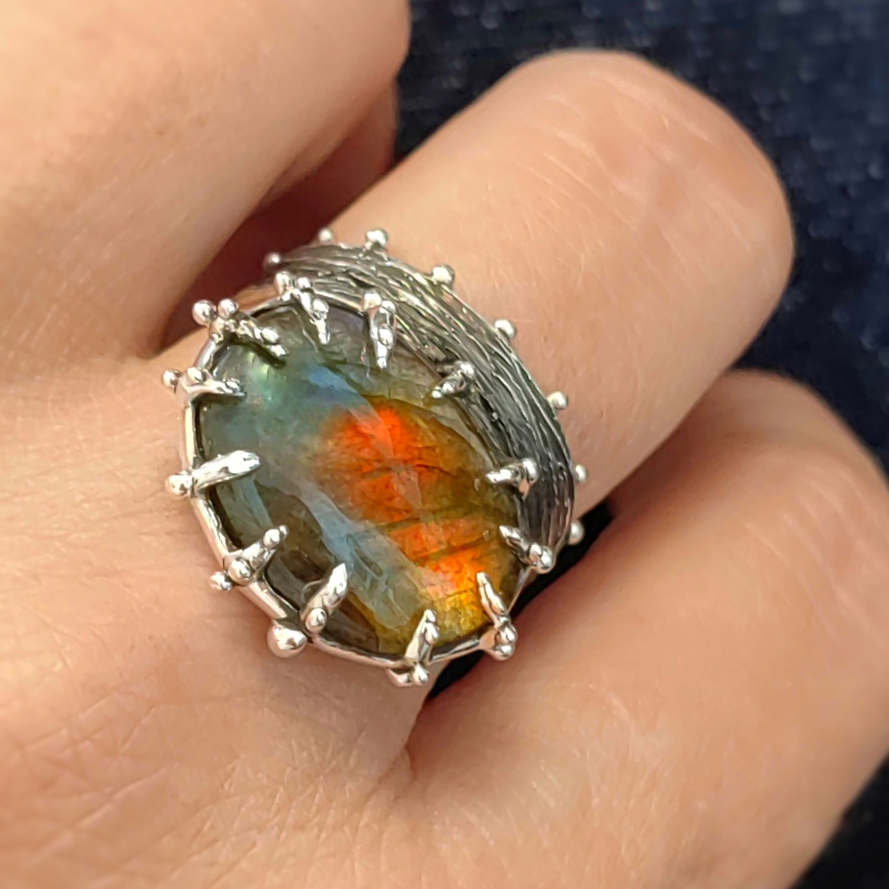 Engagement Silver Ring Orange Labradorite • Size 61 • Unique 1/1