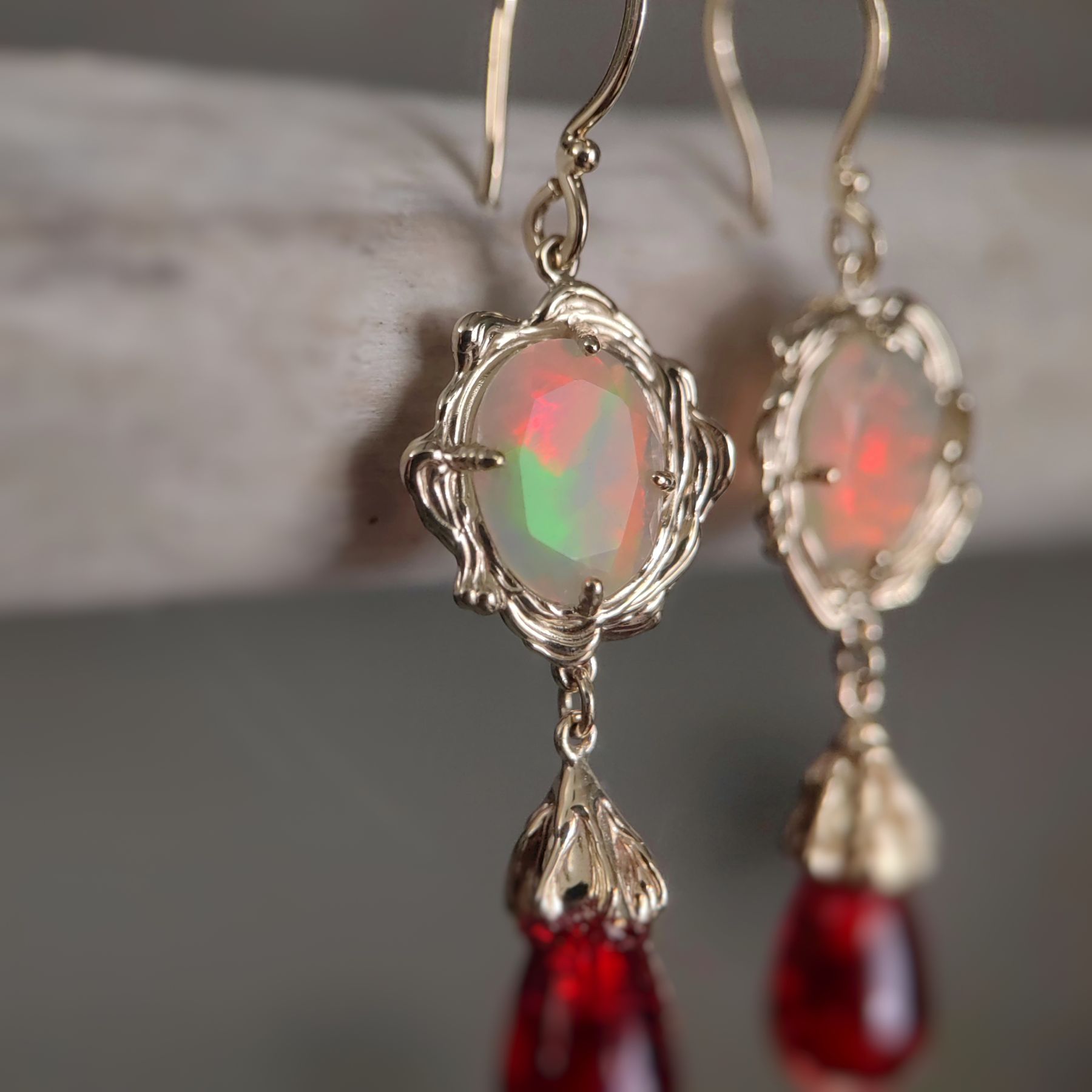 Dangle Opal and Red Amber Gold Earrings • Unique 1/1