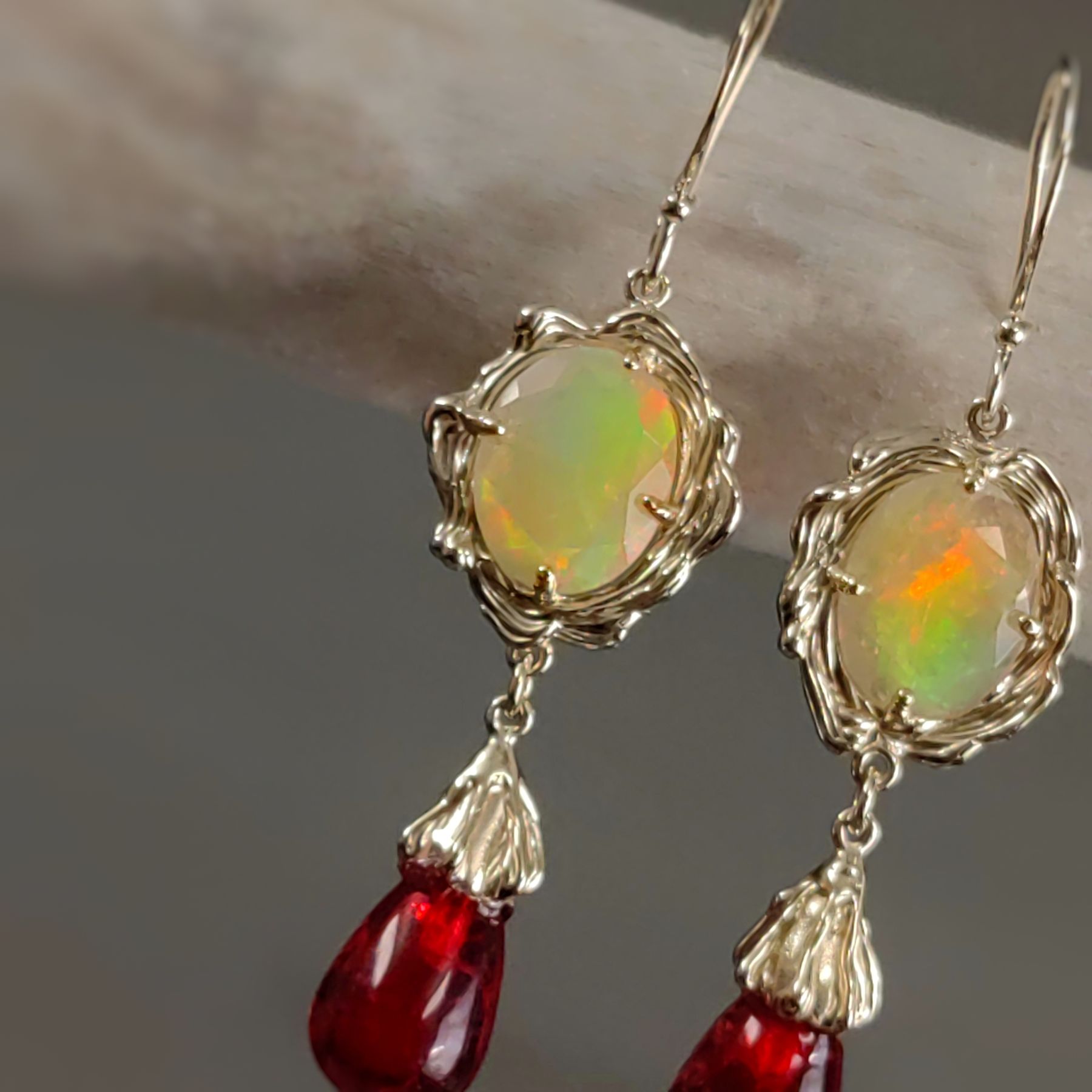 Dangle Opal and Red Amber Gold Earrings • Unique 1/1