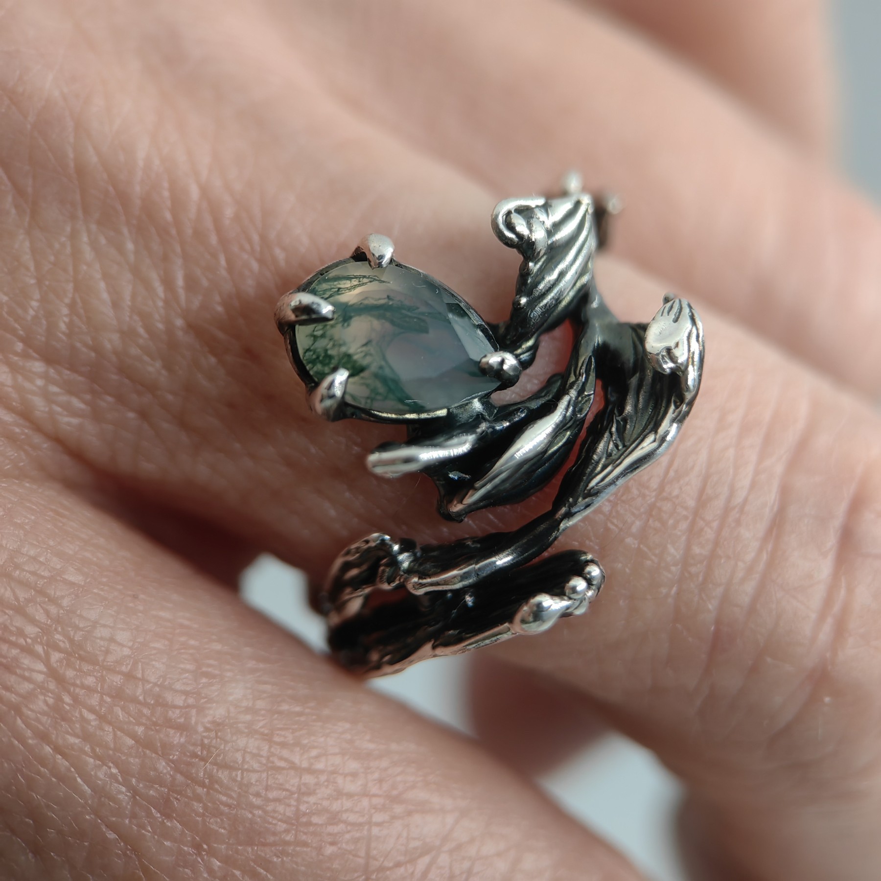 Engagement Silver Ring Moss Agate Patinated • Size 61 • Unique 1/1