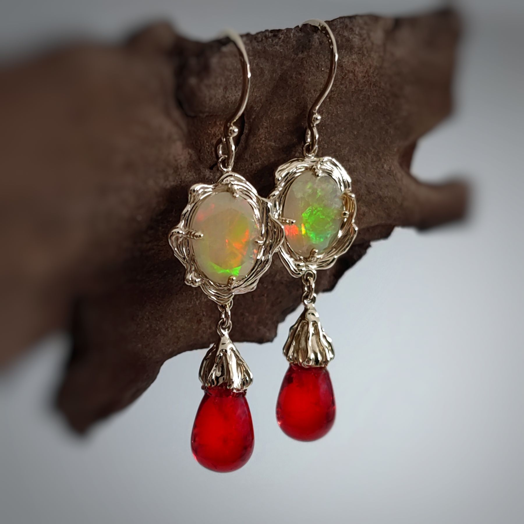 Dangle Opal and Red Amber Gold Earrings • Unique 1/1 Dangle Opal and Red Amber Gold Earrings • Unique 1/1