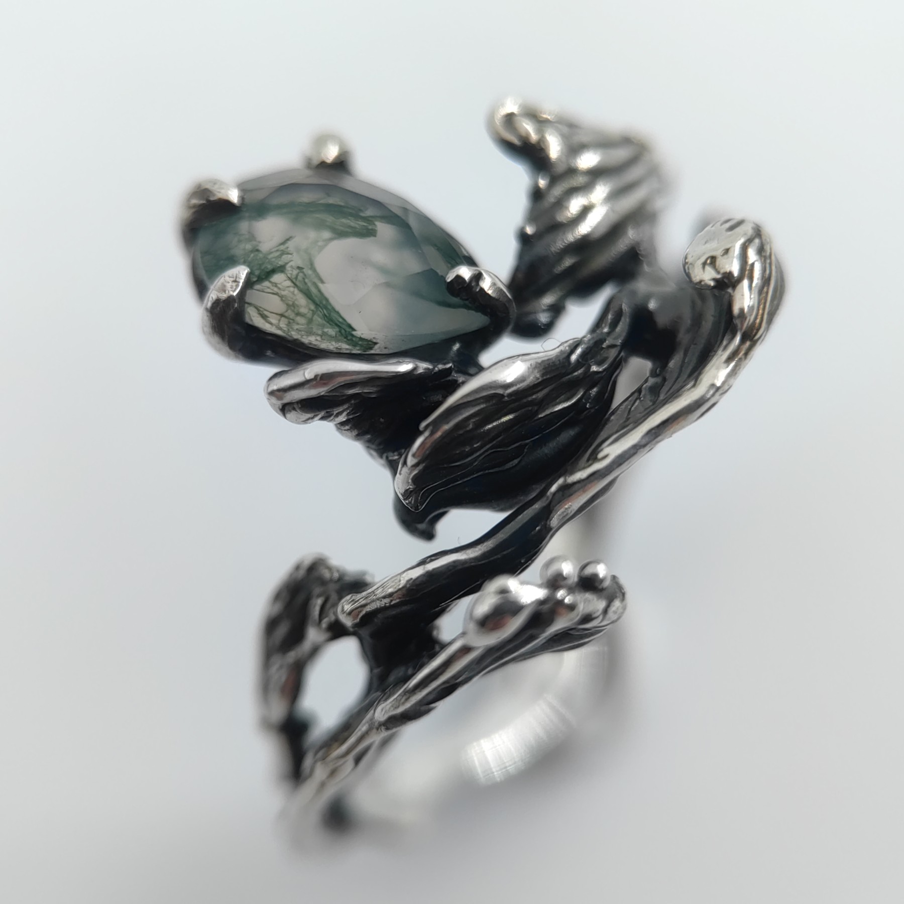 Engagement Silver Ring Moss Agate Patinated • Size 61 • Unique 1/1 Engagement Silver Ring Moss Agate Patinated • Size 61 • Unique 1/1