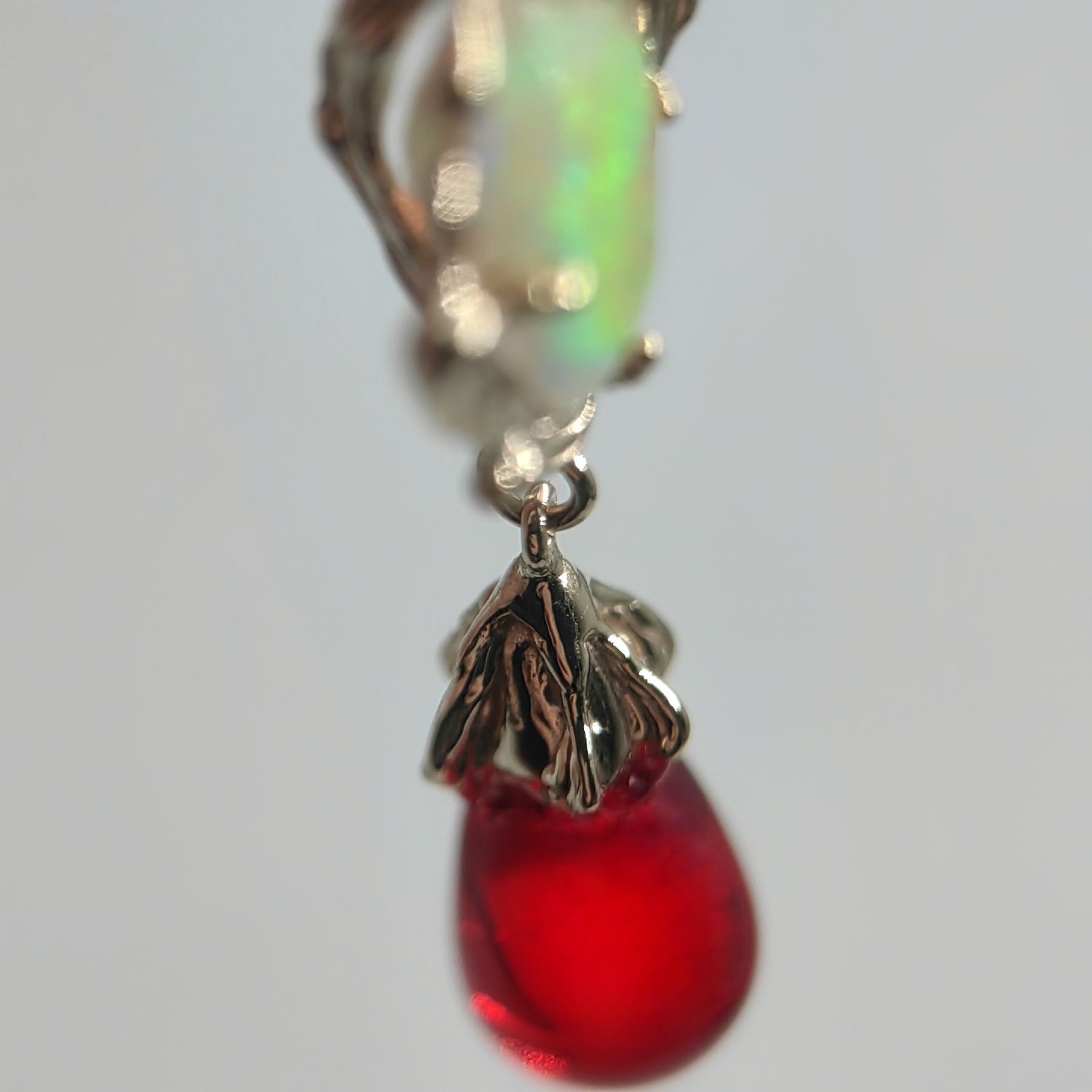 Dangle Opal and Red Amber Gold Earrings • Unique 1/1 Dangle Opal and Red Amber Gold Earrings • Unique 1/1