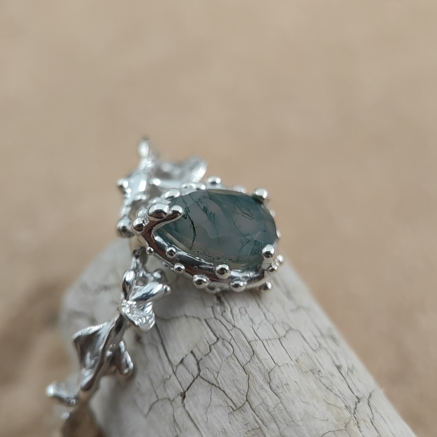 Engagement Silver Ring Moss Agate • Size 59 • Unique 1/1