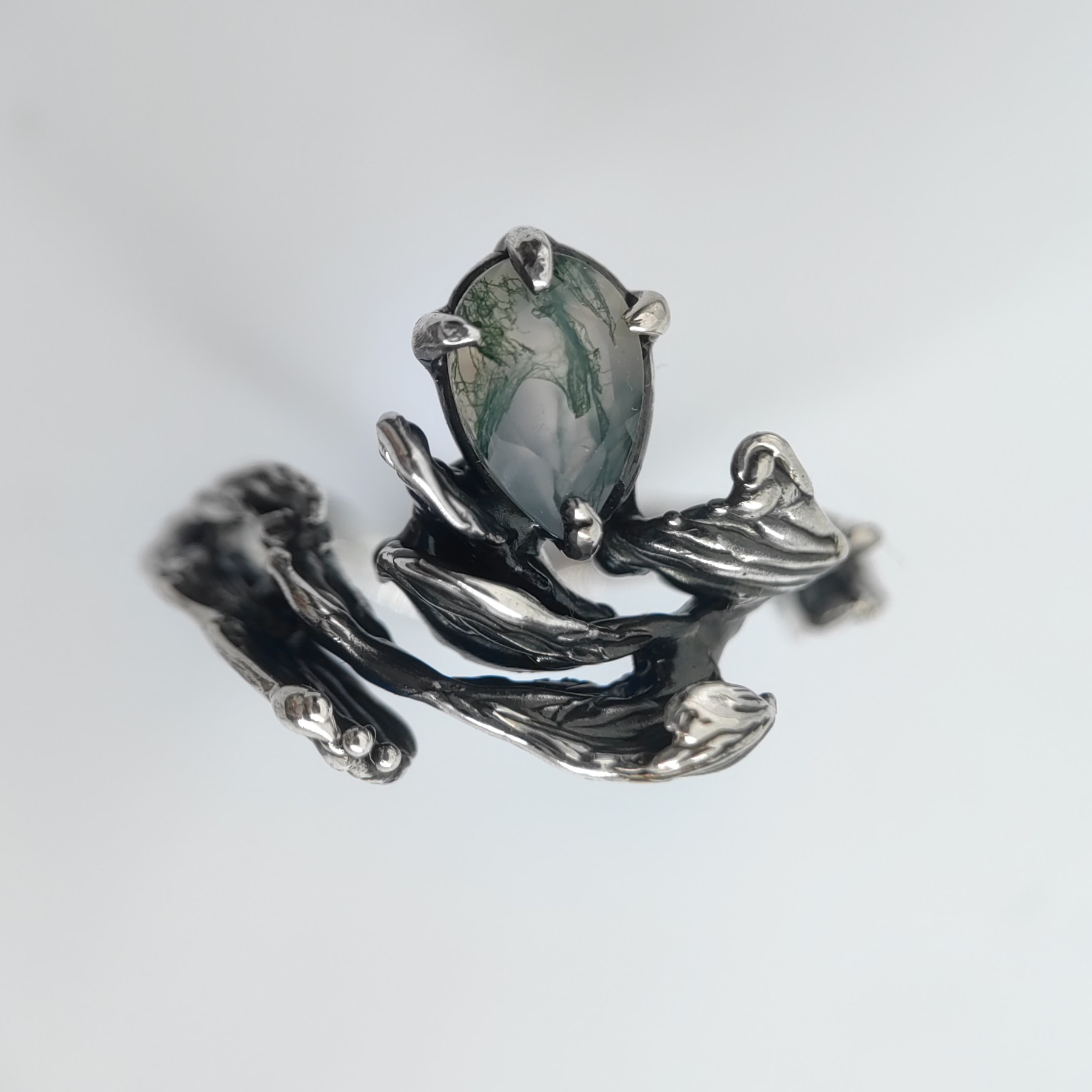 Engagement Silver Ring Moss Agate Patinated • Size 61 • Unique 1/1 Engagement Silver Ring Moss Agate Patinated • Size 61 • Unique 1/1