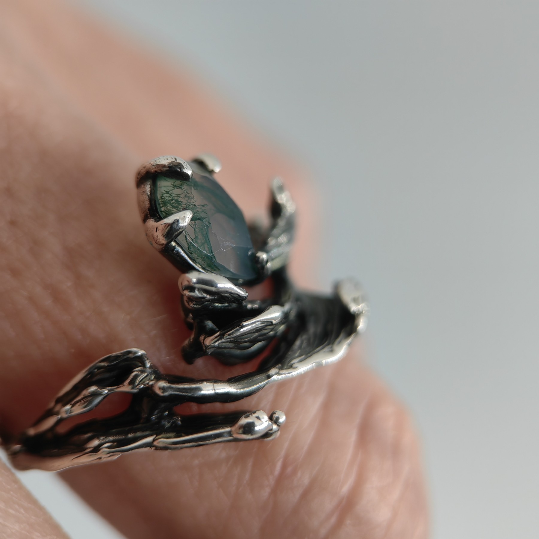 Engagement Silver Ring Moss Agate Patinated • Size 61 • Unique 1/1
