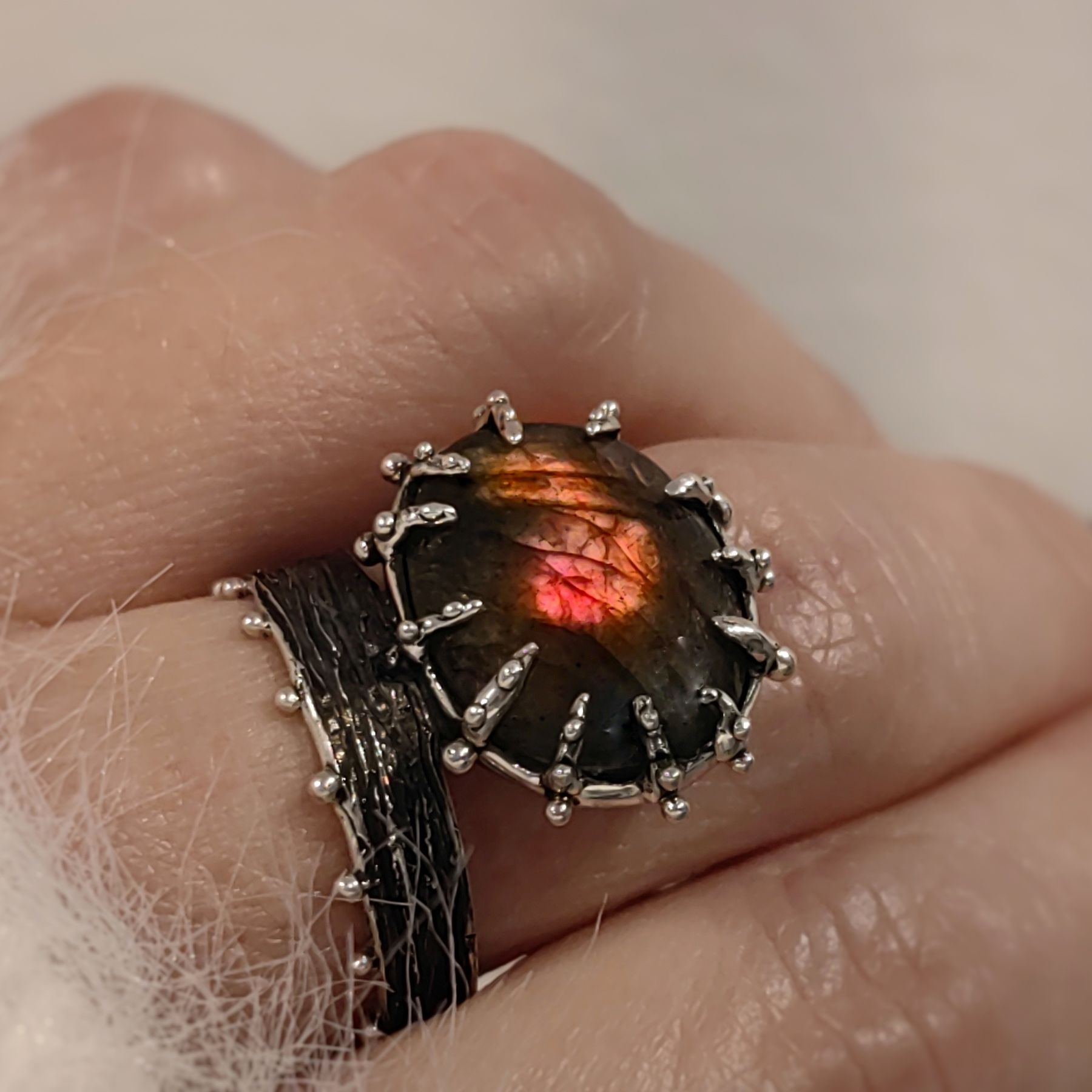 Engagement Silver Ring Orange Labradorite • Size 61 • Unique 1/1 Engagement Silver Ring Orange Labradorite • Size 61 • Unique 1/1
