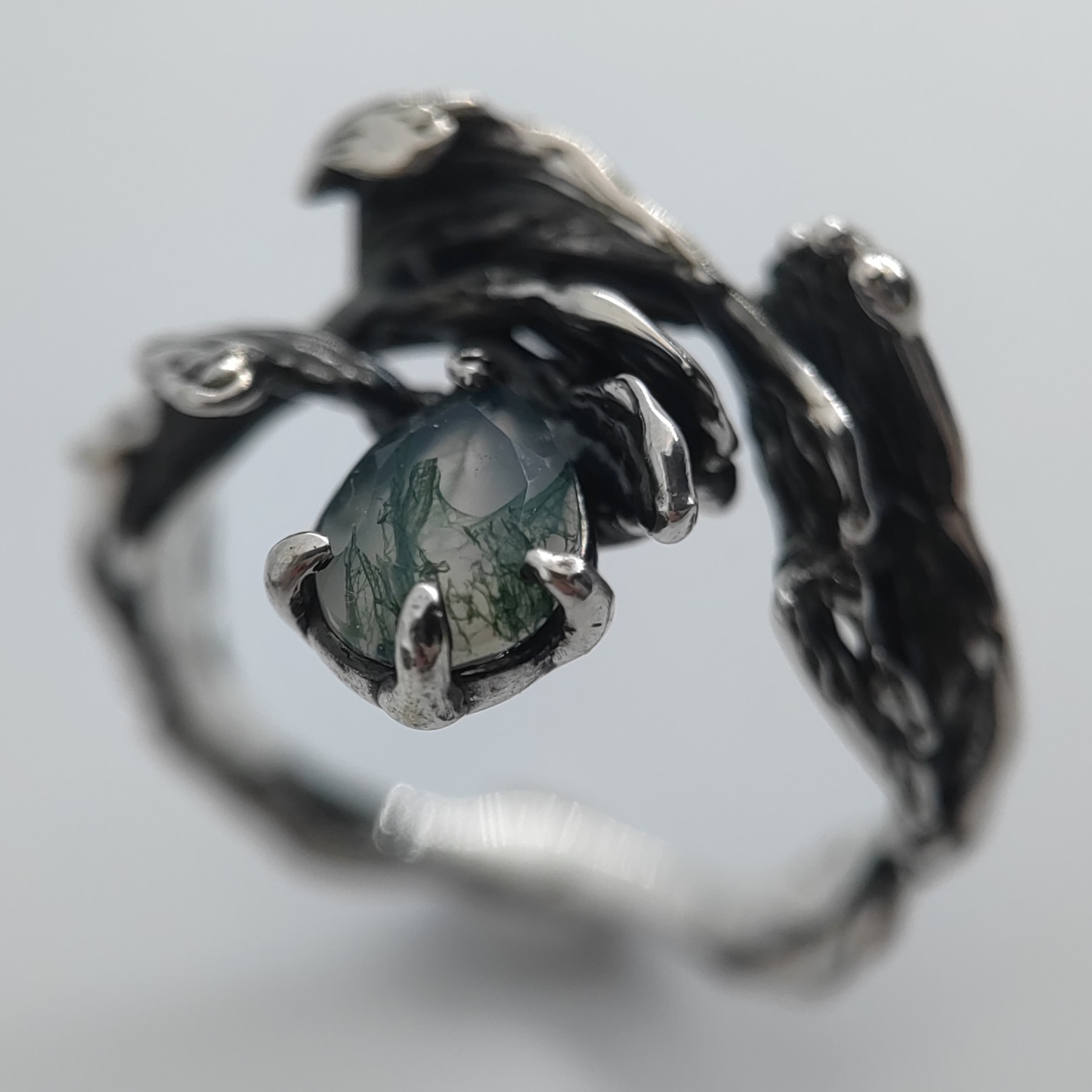 Engagement Silver Ring Moss Agate Patinated • Size 61 • Unique 1/1