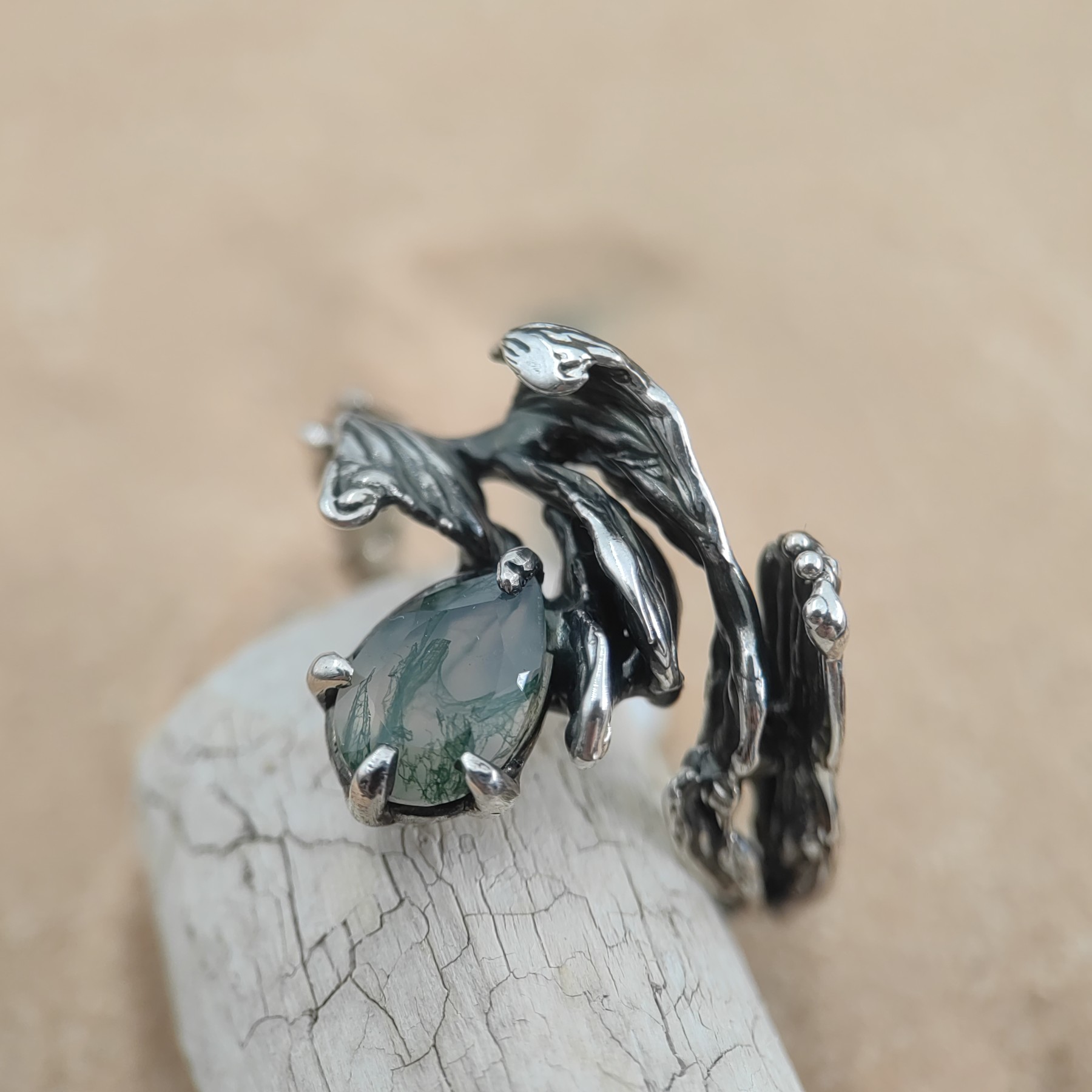 Engagement Silver Ring Moss Agate Patinated • Size 61 • Unique 1/1 Engagement Silver Ring Moss Agate Patinated • Size 61 • Unique 1/1