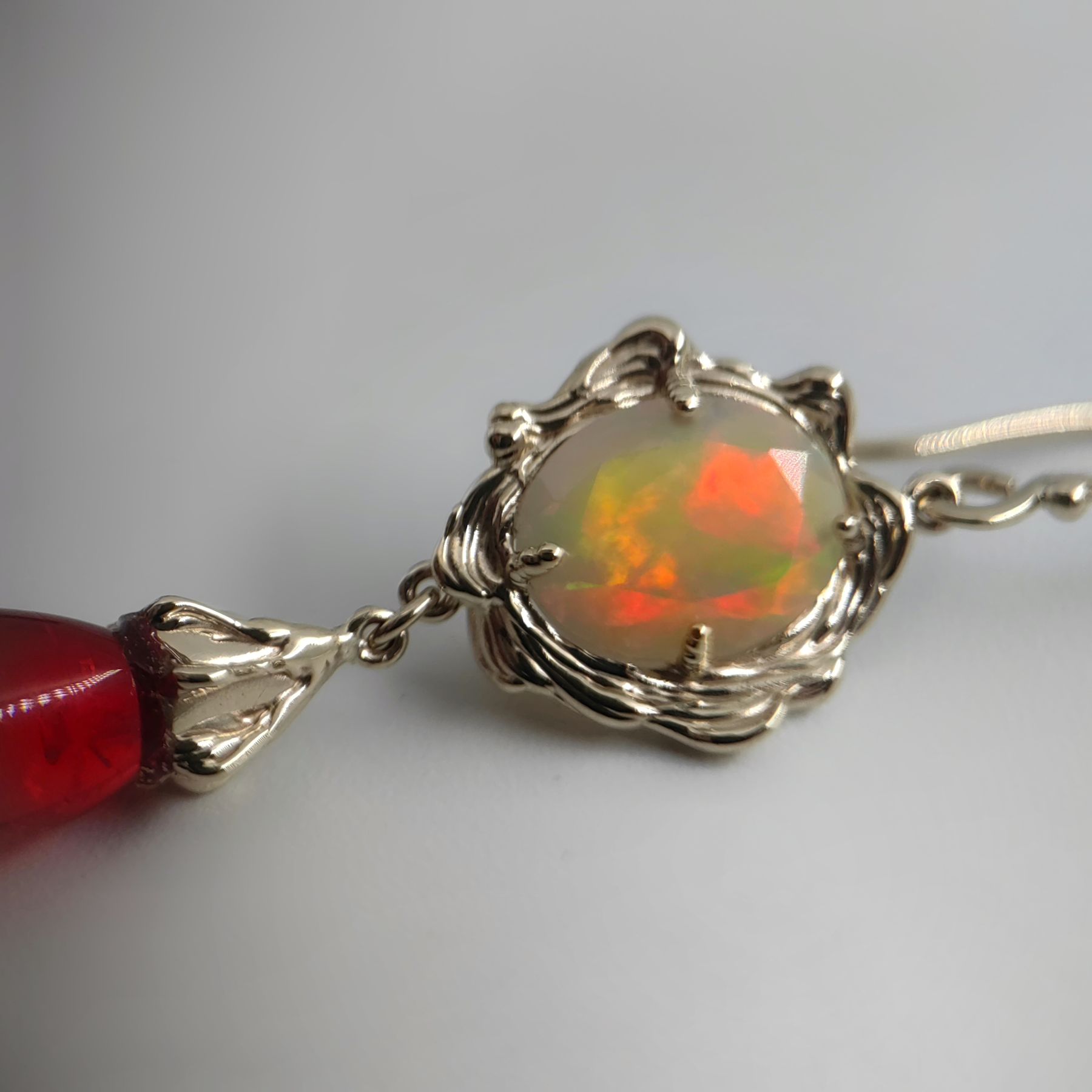 Dangle Opal and Red Amber Gold Earrings • Unique 1/1 Dangle Opal and Red Amber Gold Earrings • Unique 1/1