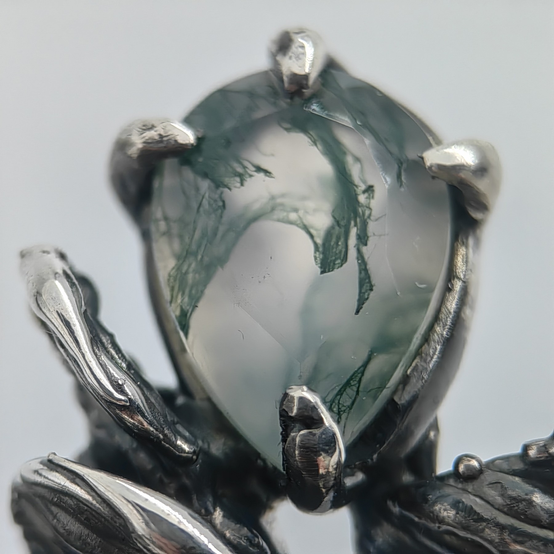 Engagement Silver Ring Moss Agate Patinated • Size 61 • Unique 1/1