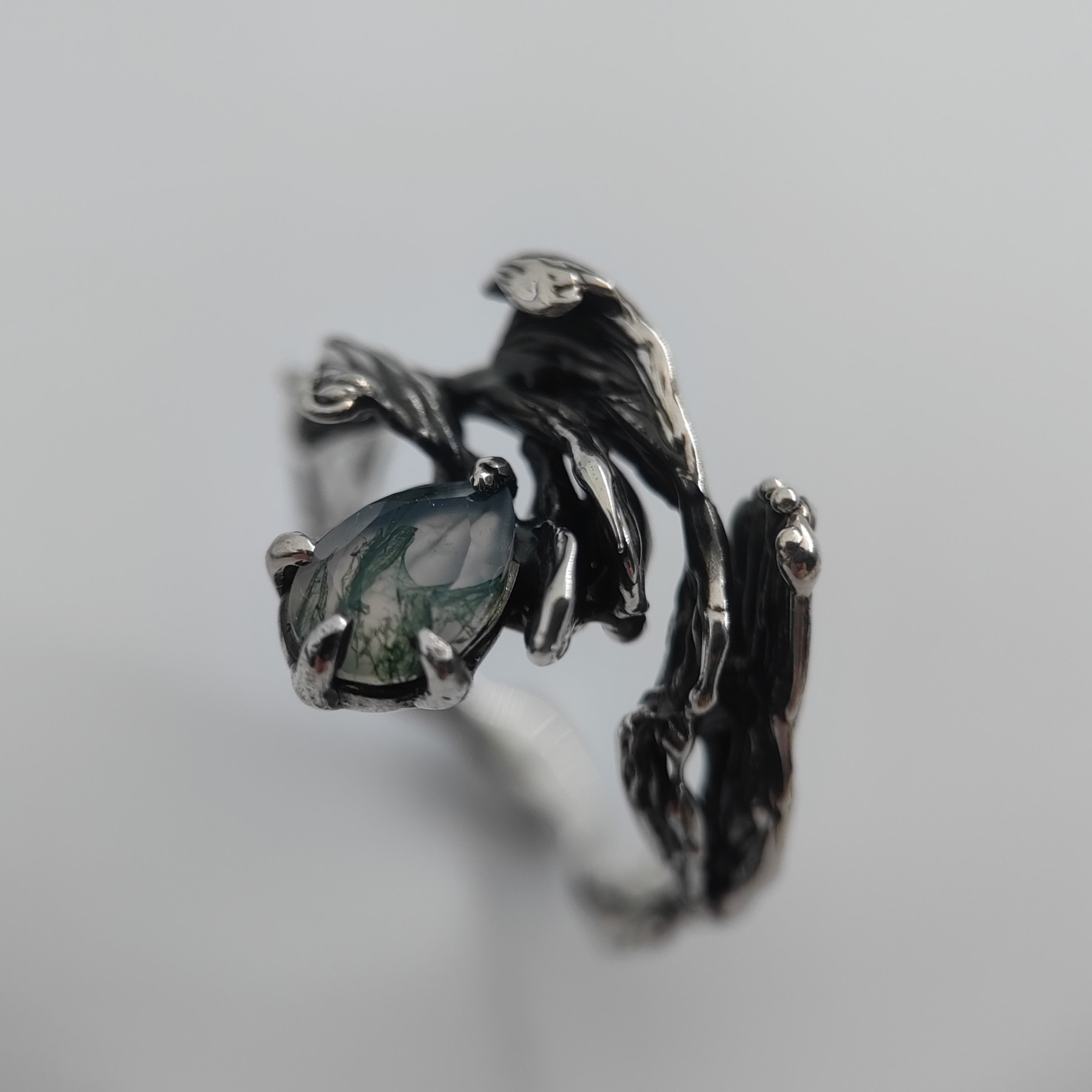 Engagement Silver Ring Moss Agate Patinated • Size 61 • Unique 1/1 Engagement Silver Ring Moss Agate Patinated • Size 61 • Unique 1/1