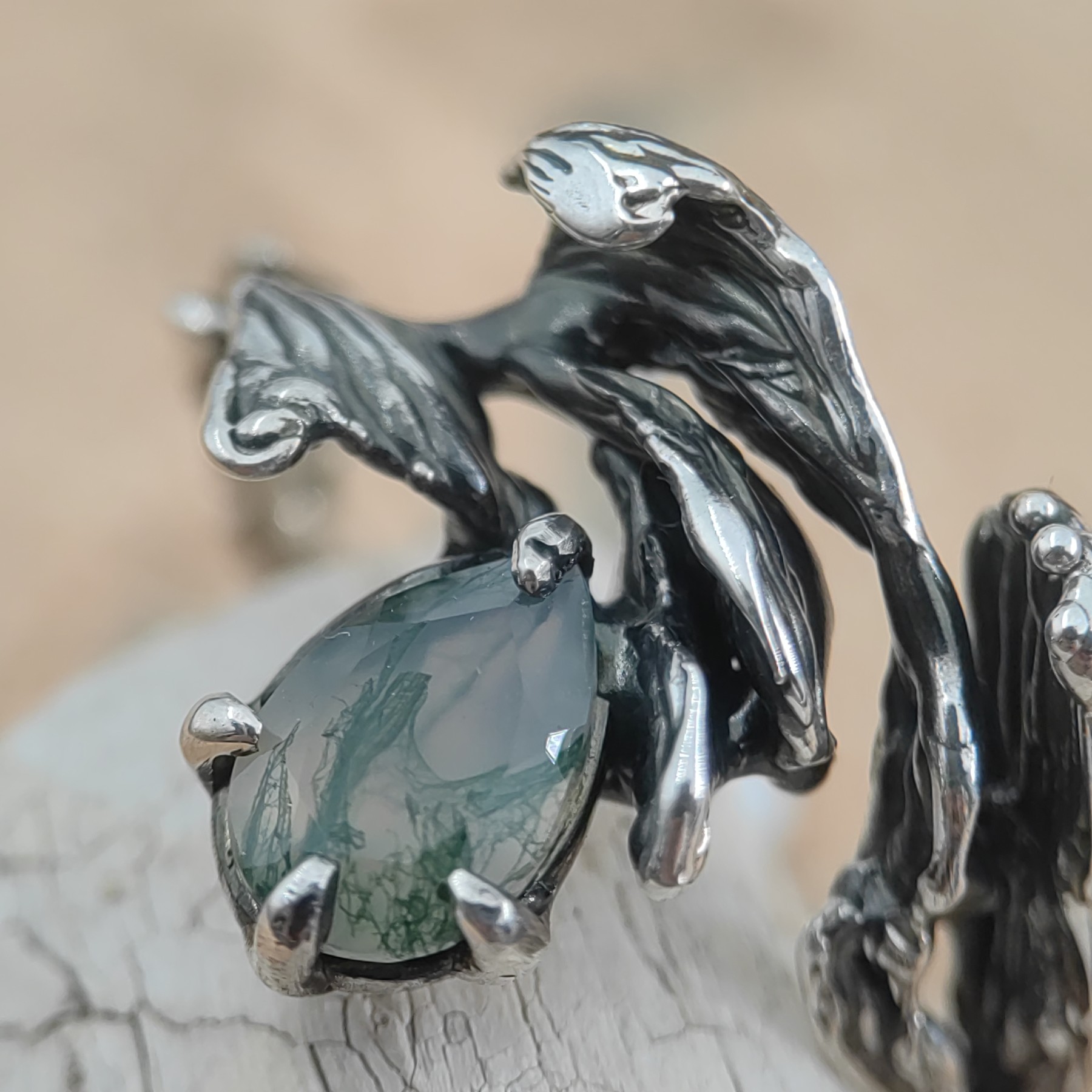 Engagement Silver Ring Moss Agate Patinated • Size 61 • Unique 1/1 Engagement Silver Ring Moss Agate Patinated • Size 61 • Unique 1/1