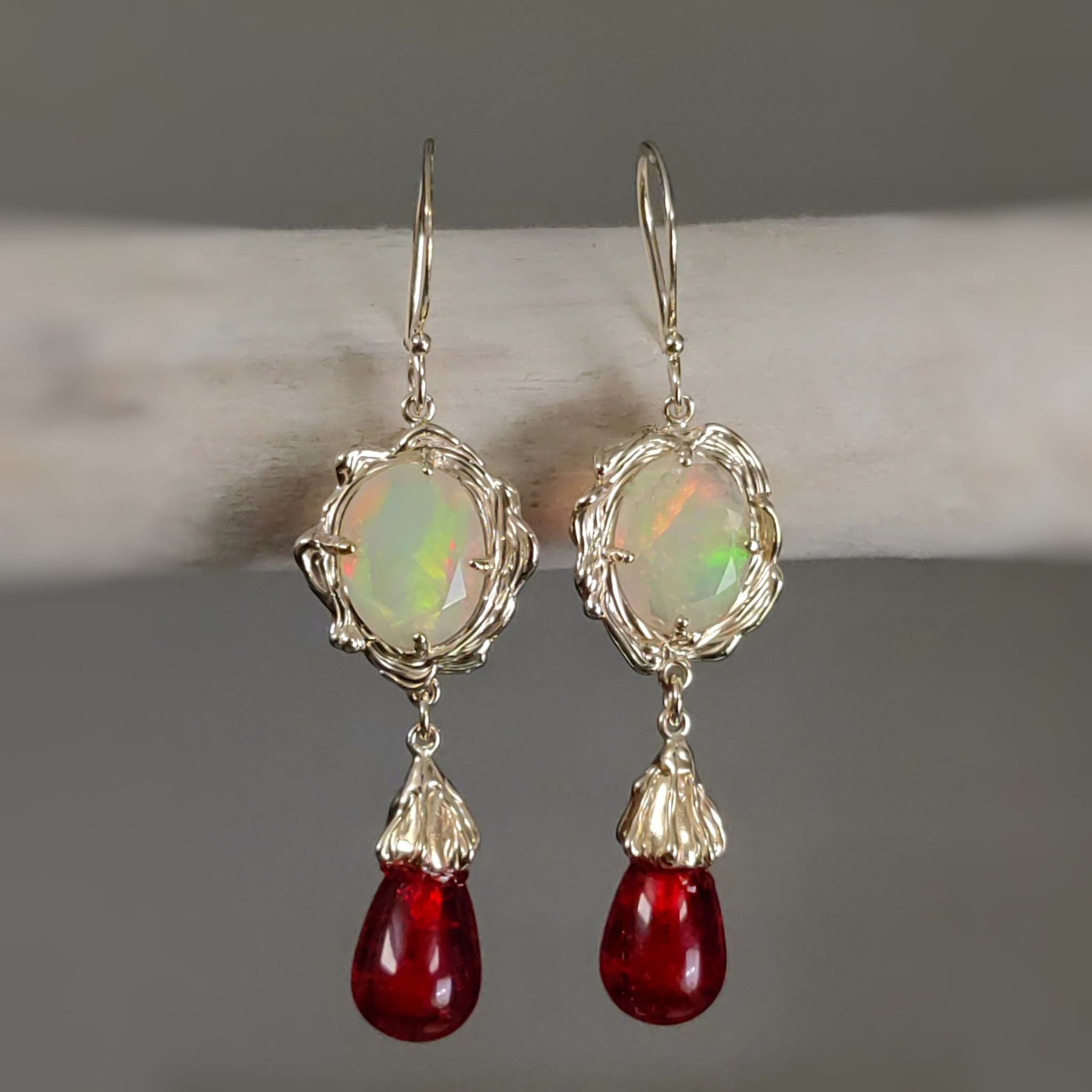 Dangle Opal and Red Amber Gold Earrings • Unique 1/1